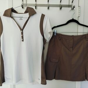 IZOD Golf 2 Piece Set: Med Polo Shirt & Skort Size 6 Brown White